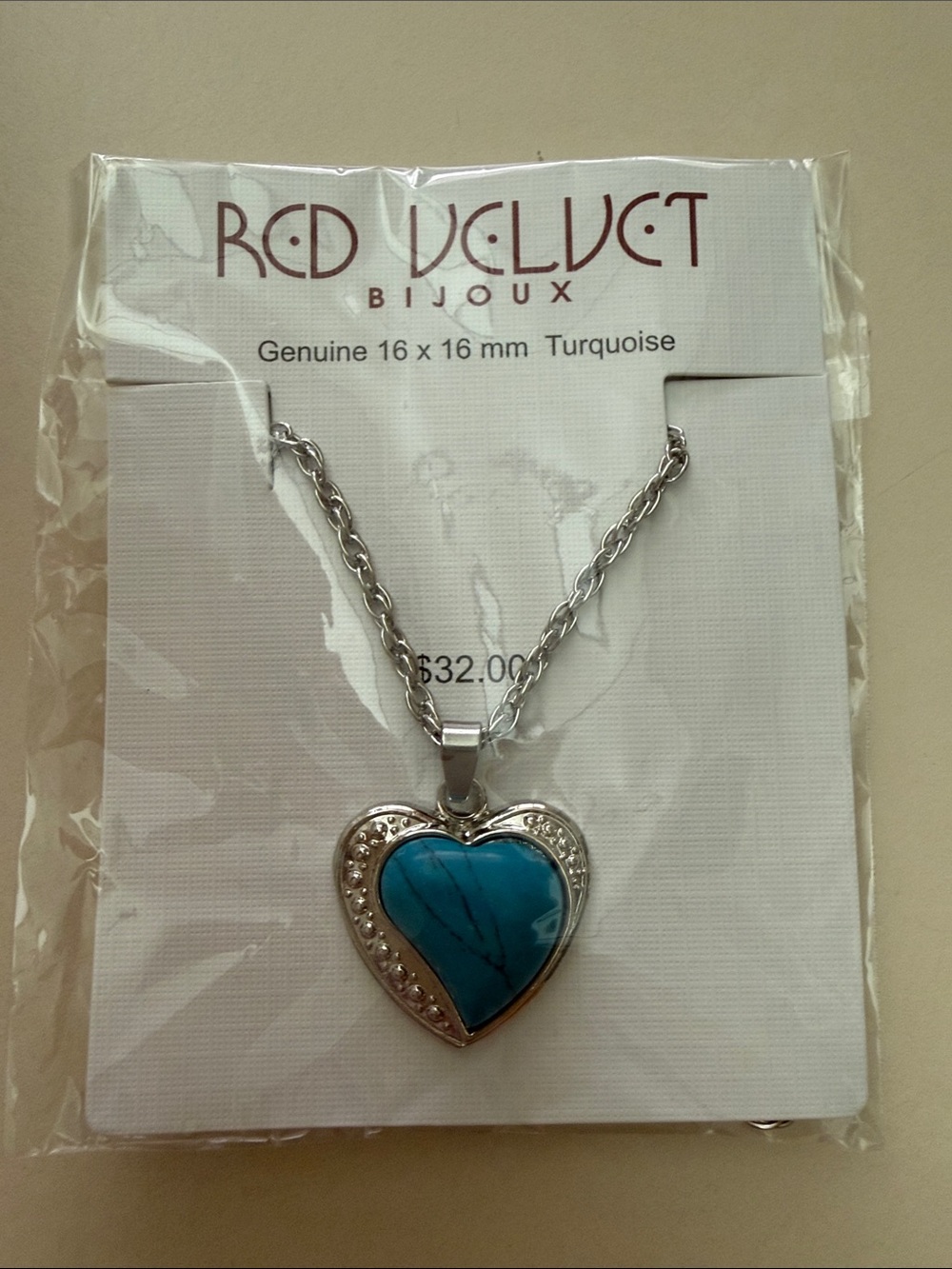 NWT Red Velvet Bijoux Genuine Turquoise Heart Pendant Necklace Silvertone